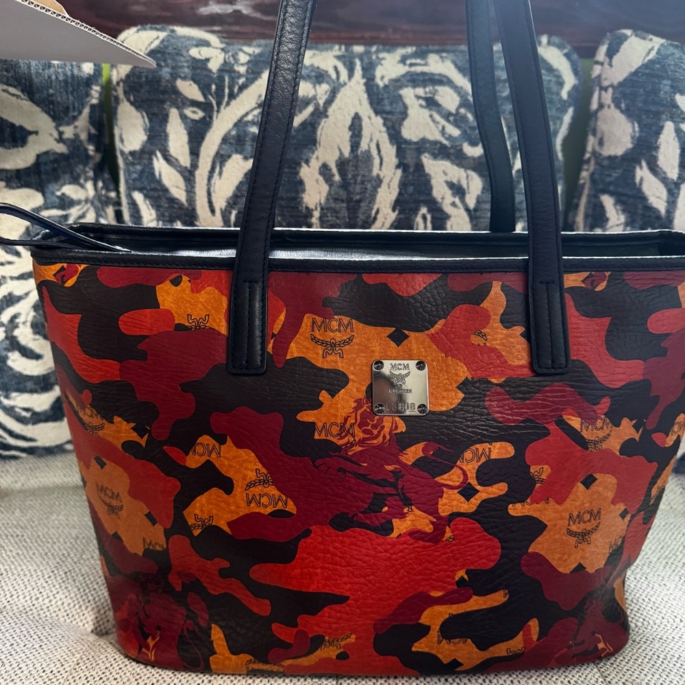 MCM Red and Orange Camouflage Tote Bag